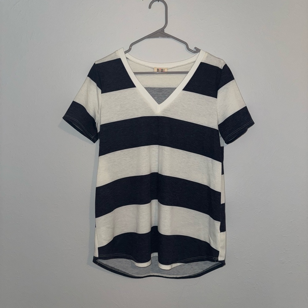 BiBi Black and White Striped V-Neck Tee